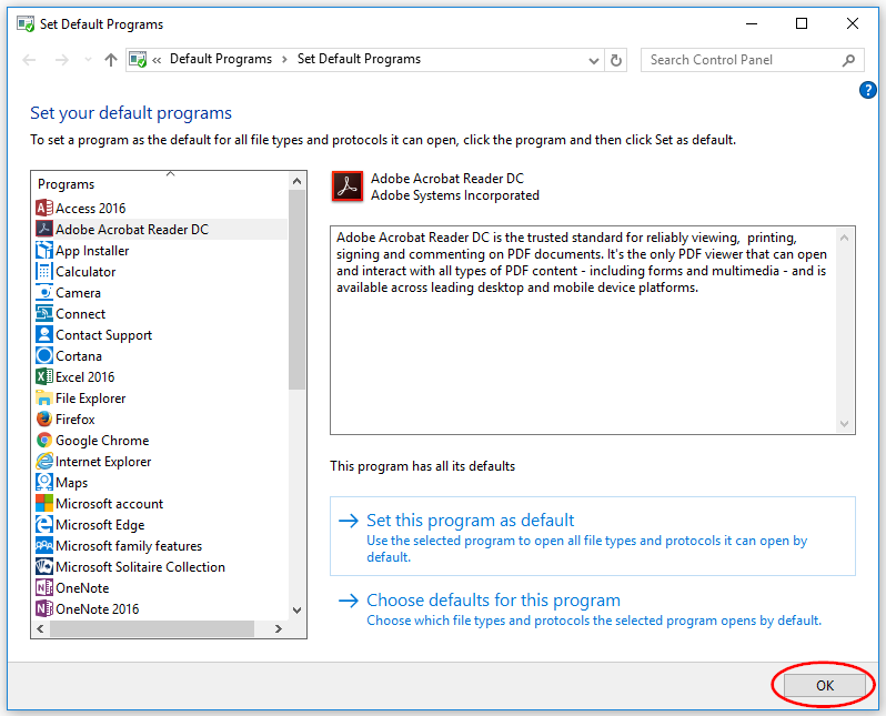 how to set default program to open pdf file in windows 10