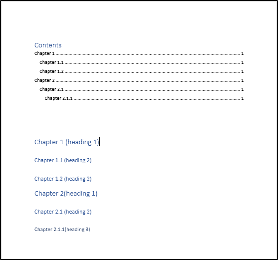 This image shows the table of contents having been updated, with heading 1,2 and 3 used to achieve different levels of indentation in the table itself.
