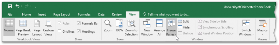 this image shows the ribbon menu in the view tab and where freeze panes can be found