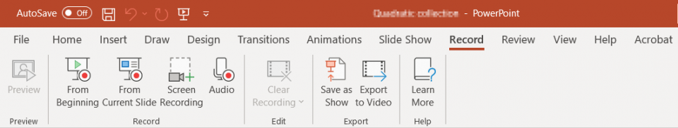 This shows the recording tab menu in PowerPoint and it's features.