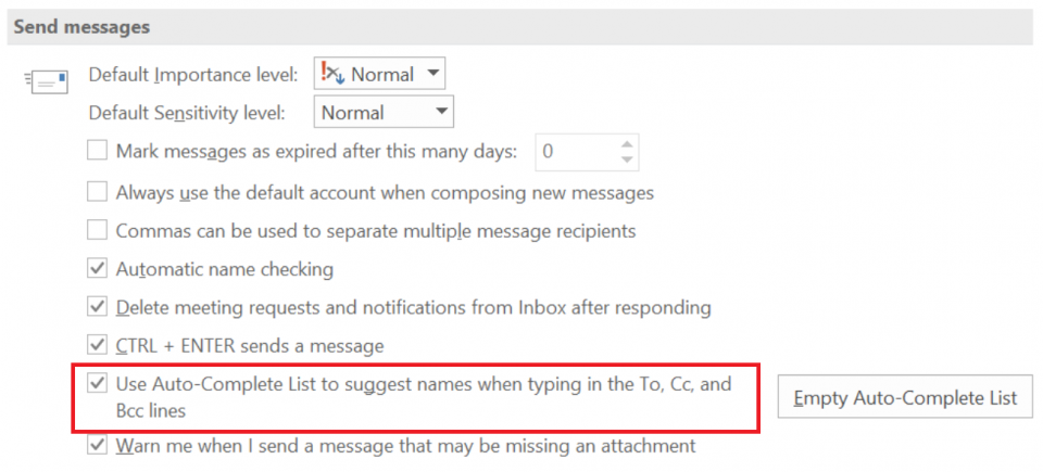 Under Send messages, untick the option: “Use Auto-Complete List to suggest names when typing in the To, Cc, and Bcc lines”.