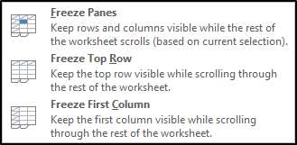 This shows the options inside the freeze panes menu