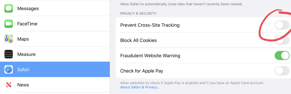 Toggle off the Prevent Cross-Site Tracking setting