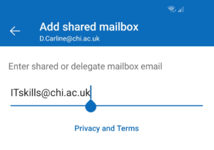 This image shows adding an email to field asking which shared mailbox to open.