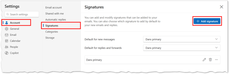 This image shows the settings area in office 365 on the 'account' tab under signatures.