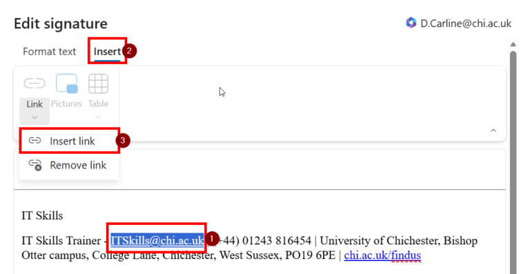 This image shows hyperlinking an email address in the signature panel.