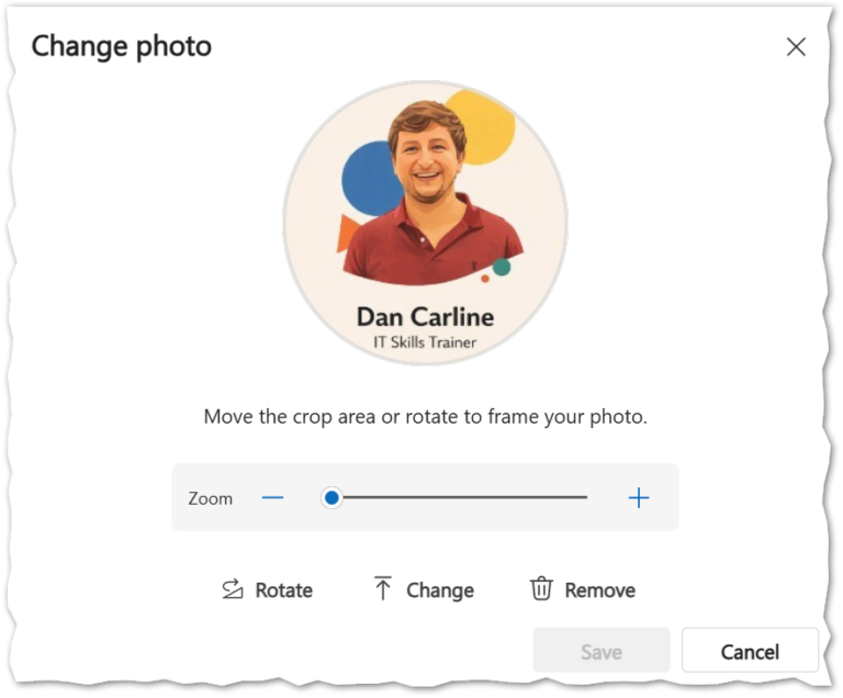 This image shows resizing an image after being uploaded to the profile section of office 365