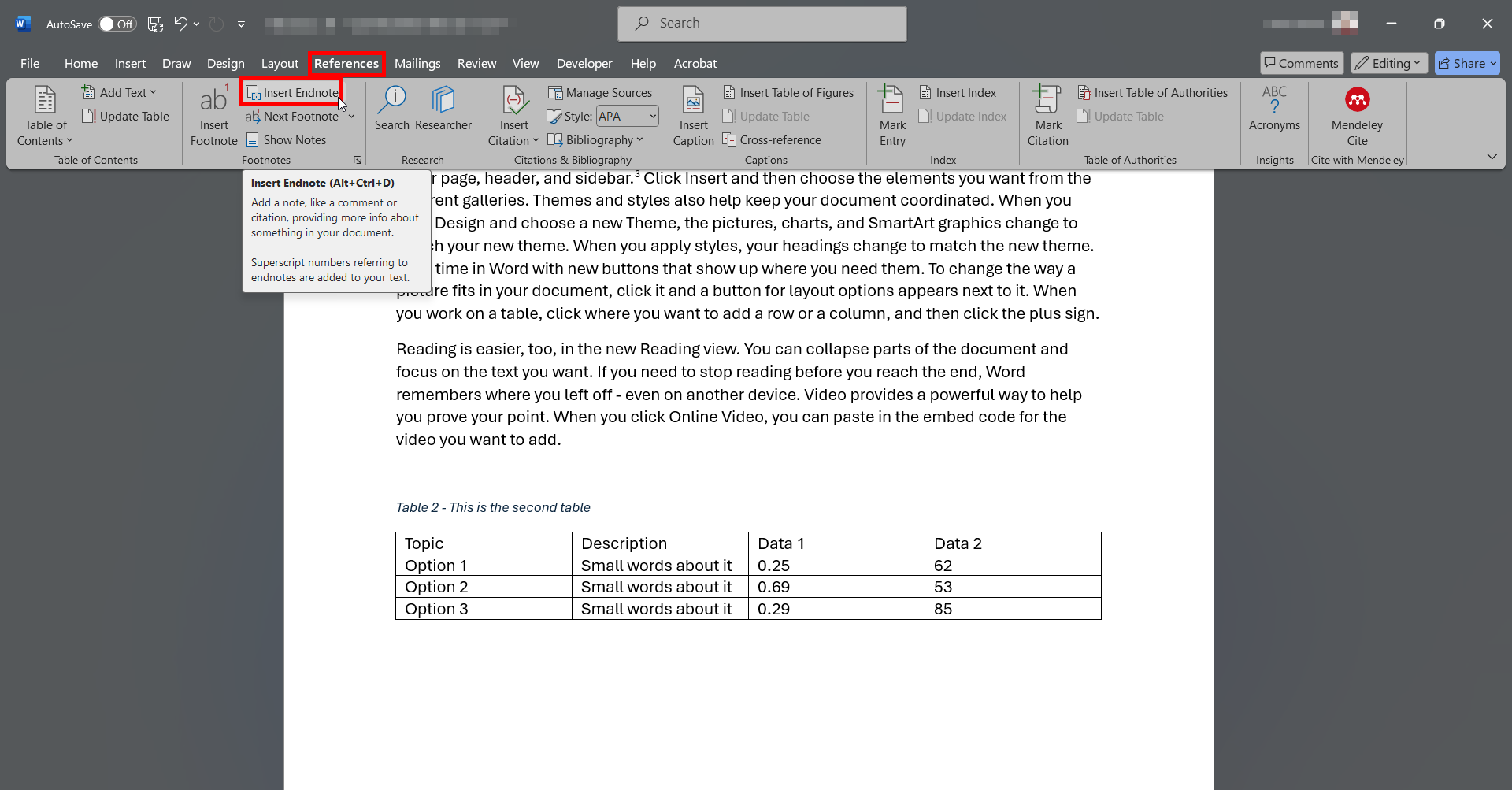 This image shows the menu ribbon with the insert Endnote option selected.