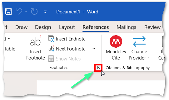 This image shows the location of the footnote dialog box in the menu ribbon.