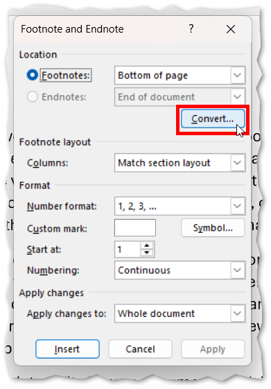 This image shows the footnote dialog box with the convert option selected.