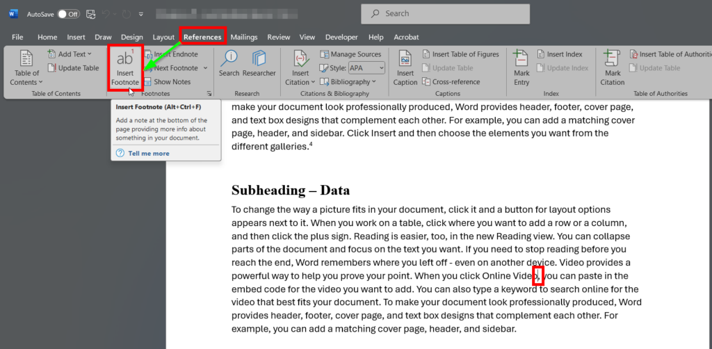 This image shows the insert footnote button in the menu ribbon.