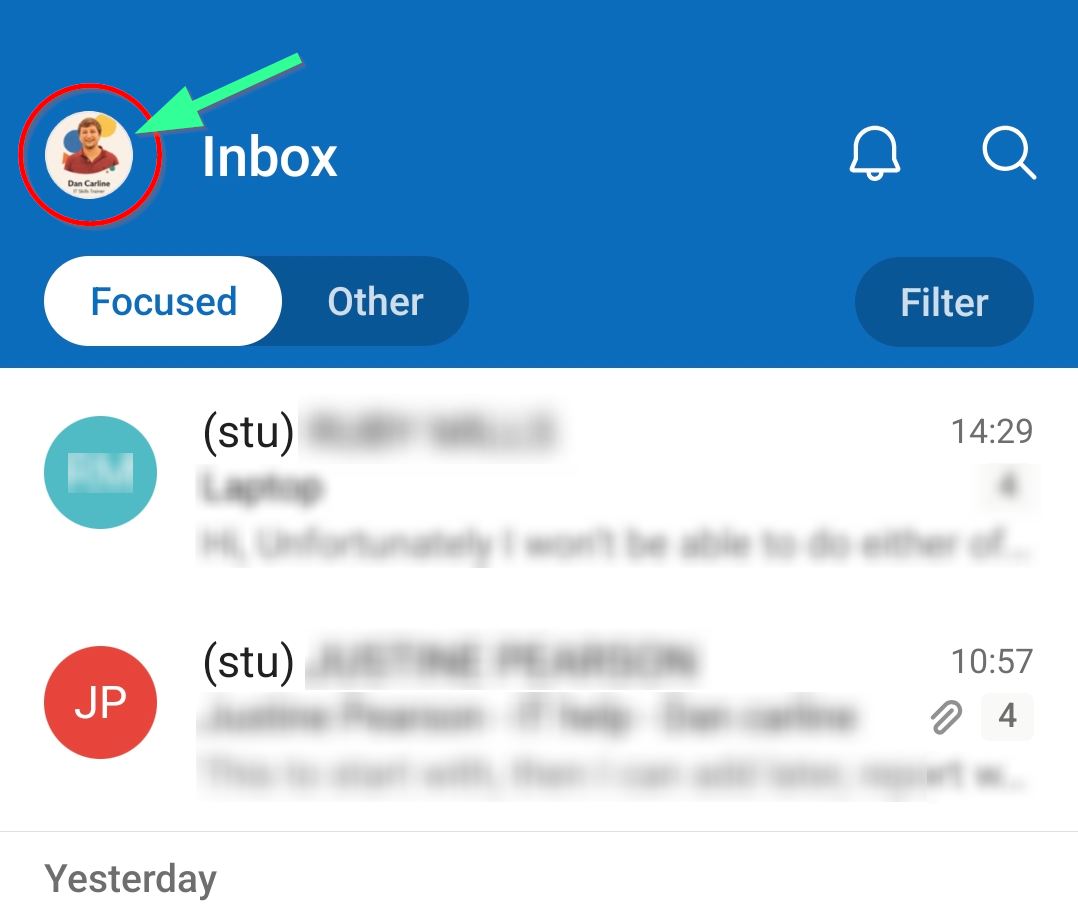 This image shows the Outlook app and profile menu in the top-left of the screen.