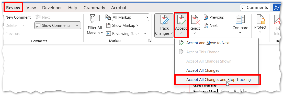 This image shows the location of the Accept all changes and stop tracking option.
