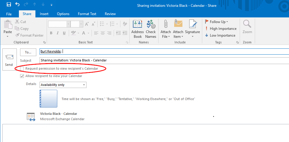 Outlook sharing calendar email requesting to view recipients calendar